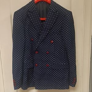Navy Polka Dot Double-Breasted Blazer with Red Buttons
